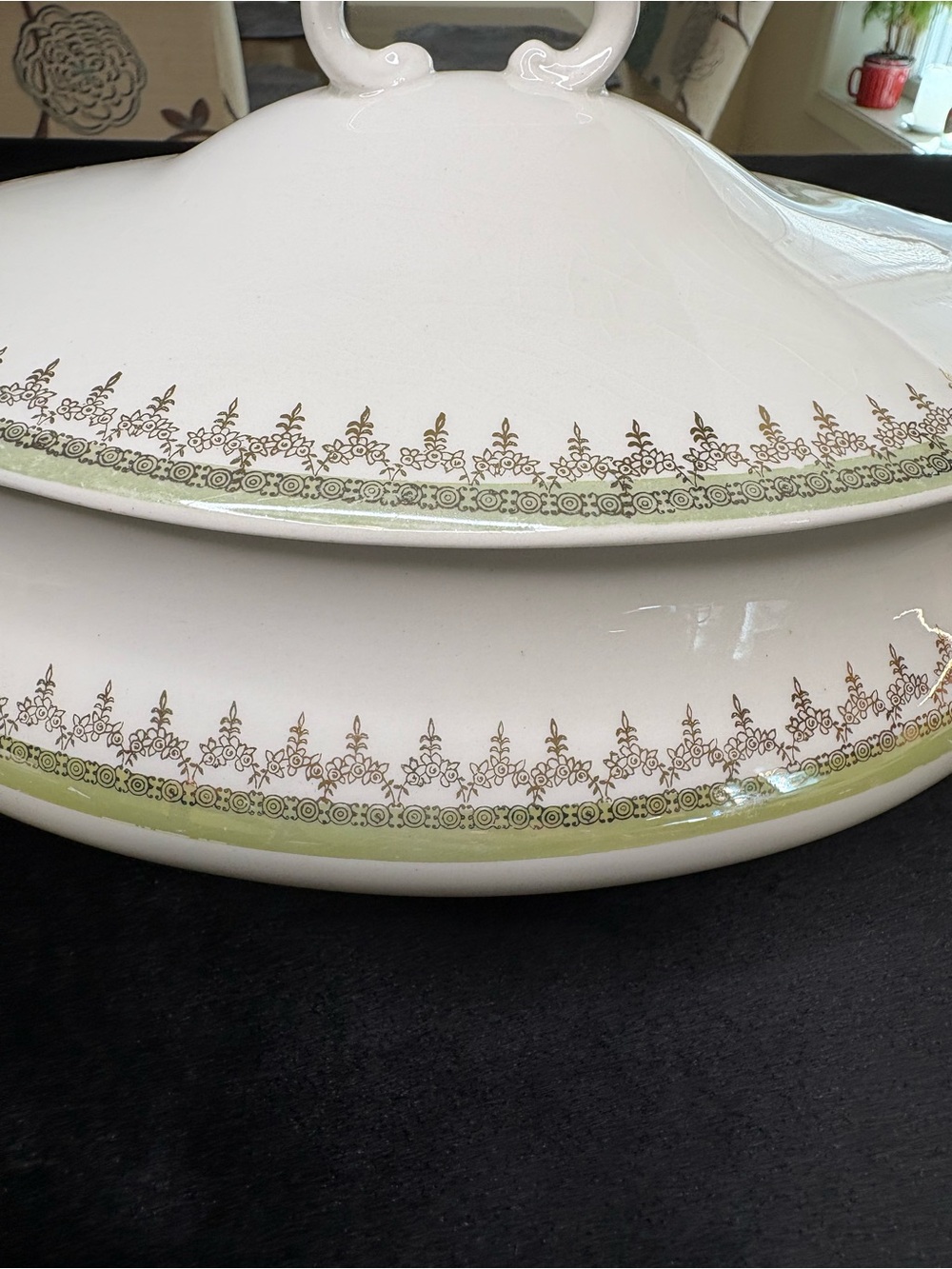 Vintage Homer Laughlin White Covered Serving Dish with Green and Gold Trim - Picture 2 of 10